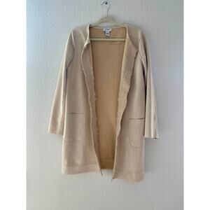 Carmen Marc Valvo Faux Suede Nude Beige Longline Jacket Raw Edge Lace Trim